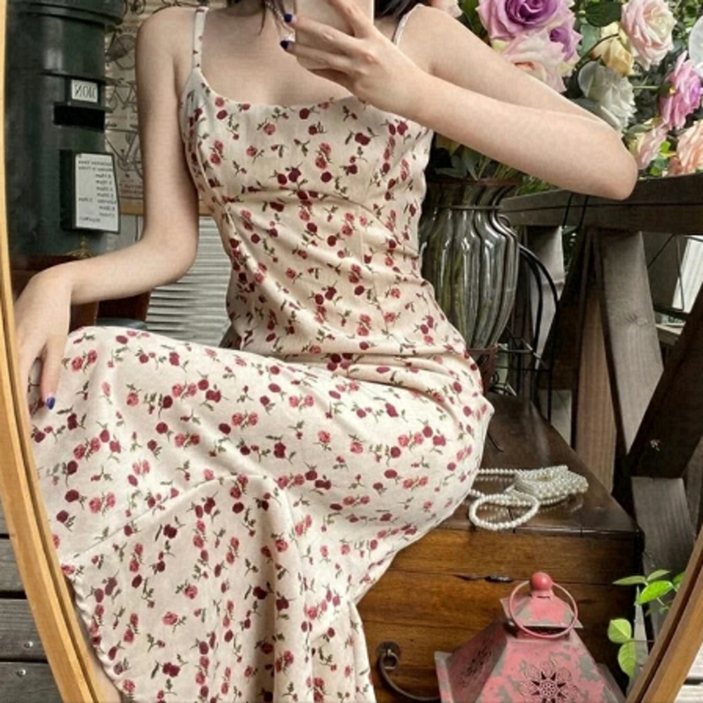 Floral Cream Maxi Dress with Red Rose Print